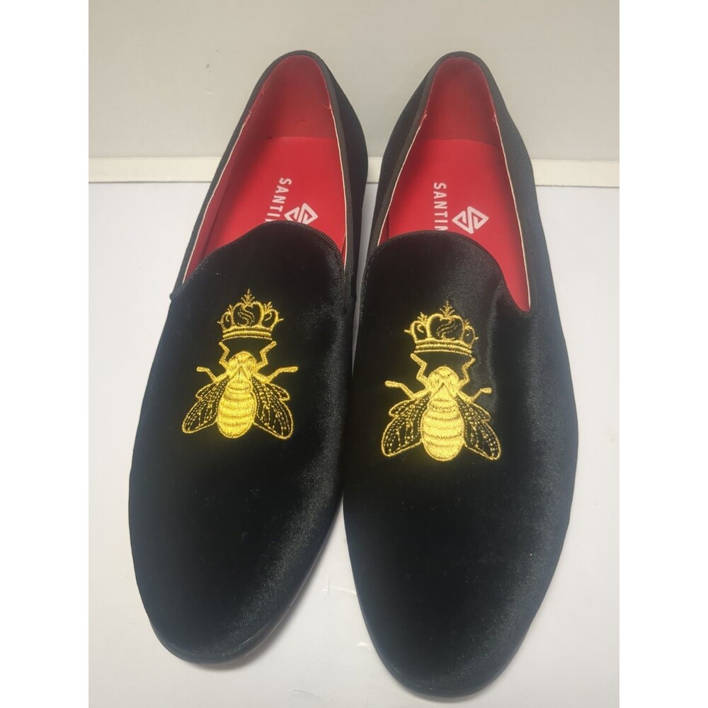 Men's Santimon Black Velvet Loafer Slipper Gold Crown Bee Red insole sz 260/8.5